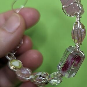 Chic Pink and Silver Wire wrapped Bracelet With Unique Glass Stones
